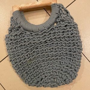 Crochet bag with wood handle/teal ish blue color